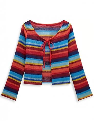 ZAFUL Swimsuit Coverup Shirt for Women Crochet Cardigan Bathing Suit Cover Up Long Sleeve Cover Ups Top Strip Blue S - Image 1