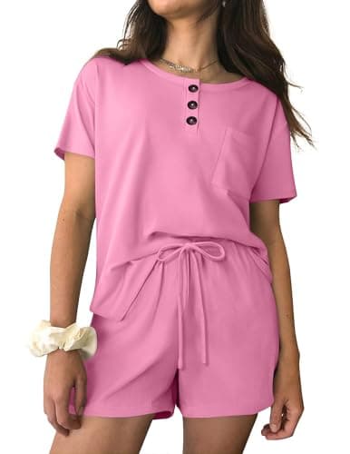 Ekouaer Womens Pajama Sets 2 Piece Ribbed Knit Pjs Short Sleeve Soft Sleepwear Summer Lounge Sets,Hot Pink,S - Image 1
