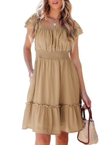 Dokotoo Casual Summer Dresses for Women Square Neck Short Sleeve Ruffle Dress High Waist Backless Tiered Smocked Strappy Casual Short Mini Dresses with Pockets Khaki Medium - Image 1