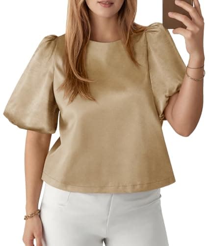 Tankaneo Womens Satin Silk Blouses Puff Short Sleeve Dressy Casual Tops Loose Fit Crew Neck Cropped Shirts Gold - Image 1