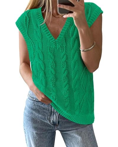 BTFBM Sweater Vest Women Oversized V Neck Cable Knit Casual Pullover Sweaters Fall Outfits 2025 Sleeveless Tops(Green, X-Large) - Image 1