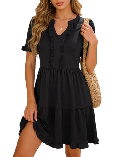 Berydress Summer Dresses for Women 2026 V Neck Short Sleeves Flowy Tiered Ruffle Black Sun Dress Casual Boho Beach Vacation Dress with Pockets(L,6316-Black) - Image 1
