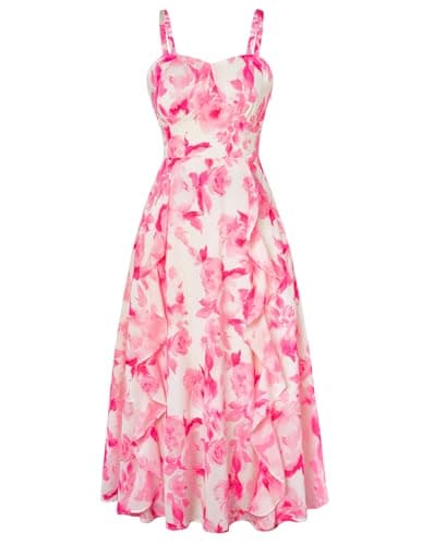 Belle Poque Cottagecore Dress Chiffon Ruffle Trim Sleeveless Summer Floral Dresses for Women 2025 Pink Tie Dye M - Image 1
