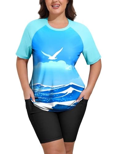 Arolina Plus Size Bathing Suit for Women Short Sleeve Rash Guard UPF 50 Full Coverage Swimsuits with Swim Shorts 18W Blue - Image 1