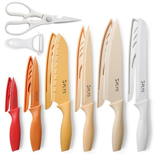 Plys Knife Set for Kitchen with Covers 14-Piece: Colorful Ceramic Coating Stainless Steel Chef Knives set for Cooking, Cutting&Chopping, Sharp Blades, Rustproof, Dishwasher Safe - Image 1