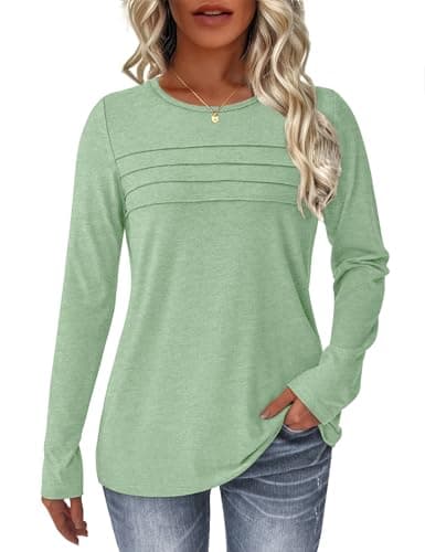NORACORA Womens Tops Blouses Dressy Casual Business Long Sleeve Crew Neck Tunic Shirts Loose Fit Trendy Outfits Casual Basic Shirts Tunic LightGreen XL - Image 1