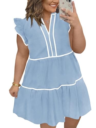 Beautife Womens Plus Size Dresses Summer Ruffle Short Sleeve V Neck Dress Casual A Line Babydoll Mini Dress Blue - Image 1