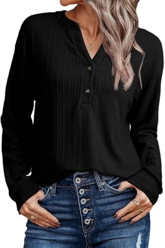 SHEWIN Women Shirts Long Sleeve Ribbed Knit Tops Fall Dressy Tunic Pullover Oversized Sweatshirt Spring Casual Trendy Clothes 2025 V Neck Outfits Black Size 2XL - Image 1