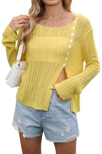 Women Summer Lightweight Sweater Y2k Asymmetrical Button High Split Button Sweaters Crochet Tops Yellow M - Image 1