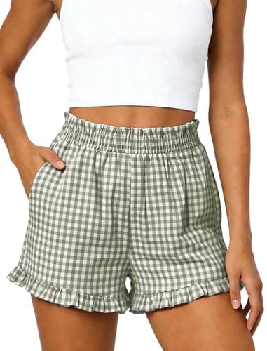 Rioofinx Womens Ruffle Boxer Shorts Gingham Pajama Shorts with Pockets Lounge Sleep Shorts Summer Causal Outfit 2026 Army Green XL - Image 1