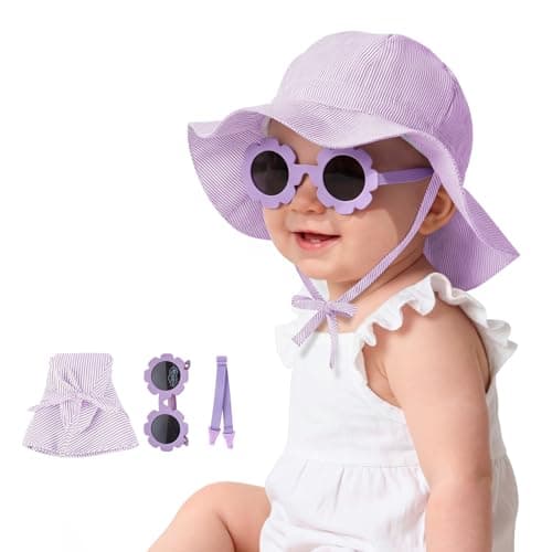 Durio Baby Sun Hat and Sunglasses - UPF50+ Sun Protection Hat for Boy Girl, Wide Brim Summer Beach Hats for Newborn Toddler Purple 3-6 Months - Image 1