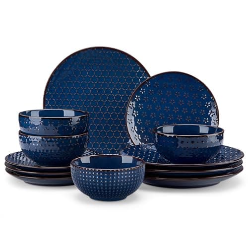 MALACASA 12 Pieces Dinnerware Sets, Modern Plates and Bowls Sets, Blue Dish Set for 4, Kitchen Ceramic Dinner Plates Dishware Set, Microwave and Dishwasher Safe, Series LYDIA - Image 1