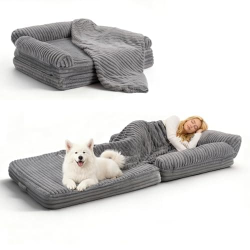 OtterOasis Foldable Human Dog Bed for Adult, Fluffy Faux Angora Human Sized Pet Bed with Blanket, Orthopedic Dog Bed with Egg Foam and Water Repellent Liner (Light Grey (Foldable), 79" Length)