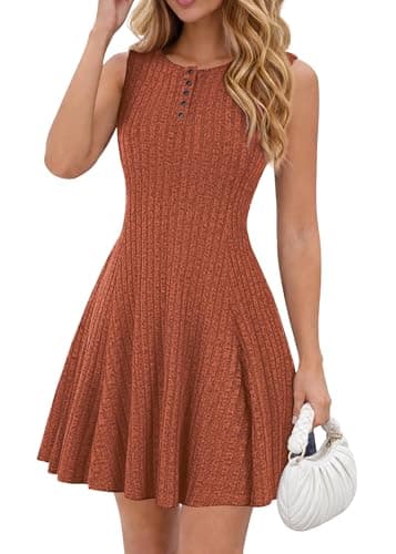 Lazysmile Summer Sleeveless Dresses for Women Crewneck Button Down Ribbed Knit A Line Casual Short Dress Orange - Image 1