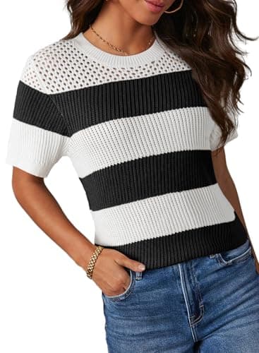 Dokotoo Womens Crewneck Tops Summer Casual Color Block Short Sleeve Blouses for Women 2025 Fashion Striped Knit Tops for Women Trendy T-Shirts Top White X-Large - Image 1