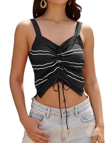 ZAFUL Women's Square Neck Wide Strap Crop Tank Tops Striped Ruched Drawstring Slim Fit Crochet Knit Cami Tops (Black, X-Large) - Image 1