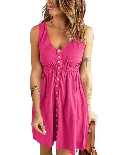 BTFBM Summer Dresses for Women 2026 Spring Clothes Sleeveless Crewneck Beach Vacation Outfits Mini Flowy Sun Dress(Buttons Rose Red, Large) - Image 1