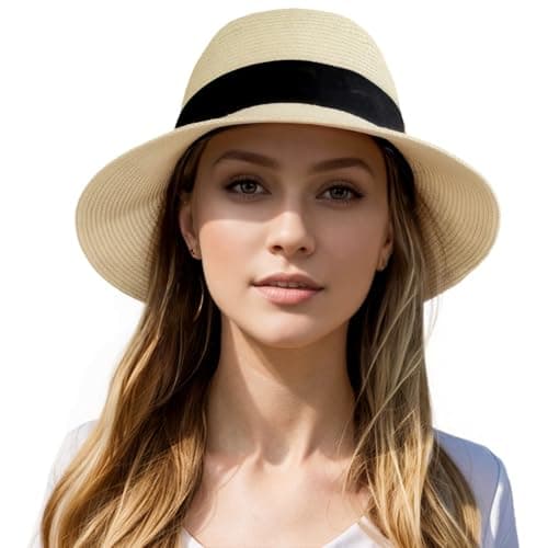 Beach Sun Straw Hats for Women, Summer Sun Protection Foldable Packable Wide Brim Hat,Beige with Black Bow - Image 1