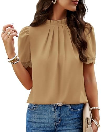 BTFBM Women's Dressy Casual Blouses Business Work Tops Lace Trim Short Sleeve Office Shirts 2025 Summer Spring Outfits(Light Khaki, Large) - Image 1