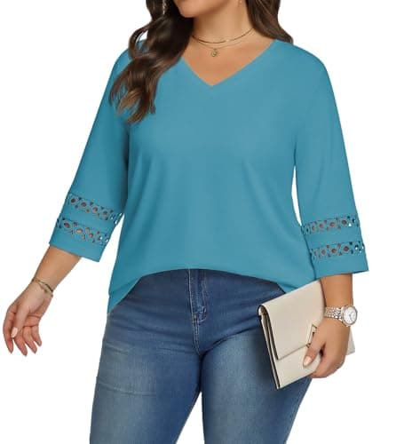 Lastshe Women Plus Size Tops 3/4 Length Sleeve Dressy Casual Blouses V Neck T Shirts Summer Clothing for 2026 Fashion,Turquoise,3X - Image 1