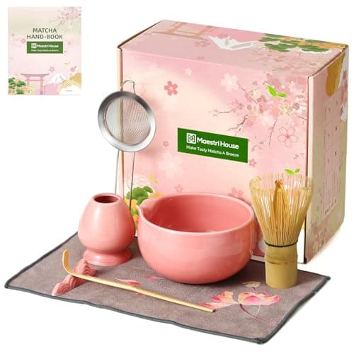 Maestri House Pink Matcha Whisk Set, 7-Pc Complete Matcha Kit with Spouted Ceramic Bowl, Bamboo Whisk and Holder, Scoop, Spoon Rest & Sifter, Tea Cloth – Ideal Gift for Matcha Lovers (Pink) - Image 1