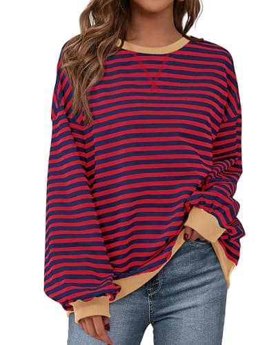BTFBM Womens Oversized Striped Sweatshirt 2026 Spring Crewneck Long Sleeve Pullover Top Casual Y2K Clothes Workout Shirt(Red Navy, X-Large) - Image 1