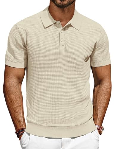 PJ PAUL JONES Mens Polo Shirt Short Sleeve Waffle Knit Polo Casual Lightweight Knitted Vacation Golf Polo Shirts Apricot M - Image 1