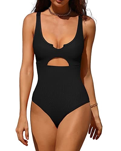 Charmo Women Ribbed Cutout One Piece Swimsuits Scoop Neck Swimwear High Cut Padded Bathing Suit Black XL - Image 1