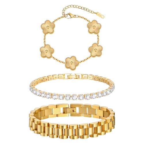 Stackable Gold Floral Bracelets Set - 3pcs 18K Gold Plated Bracelet Non-tarnish,Stainless Steel Link Chain Friendship Bracelet,Watch Band Trendy Jewelry,Christmas Valentines Birthday Gifts for Women - Image 1