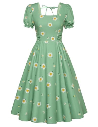 Belle Poque Green Daisy Vintage Elegant Milkmaid Wedding Guest Dress 2026 Summer Square Neck Puff Sleeve Sun Dress XXL - Image 1