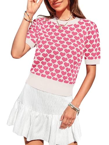 Women Puff Short Sleeve Sweater Casual Cropped Knit Shirts Cute Heart Holidays Graphic Print Pullover Jumper Tops 2025 White Pink - Image 1