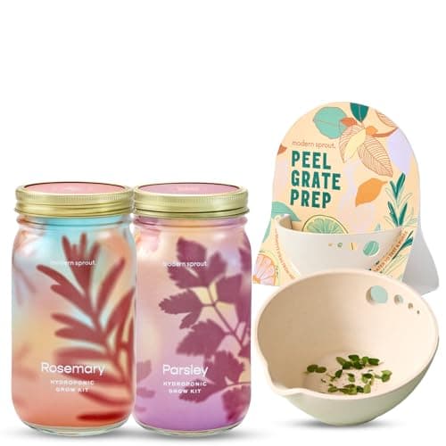 Modern Sprout Garden Jar & Herb Stripper Bundle, Self-Watering Herb Grow Kit w/Recyclable Mason Jar + 3-in-1 Prep, Peeler & Grater Plate, Indoor Gardening & Kitchen Gift Set (Rosemary & Parsley) - Image 1