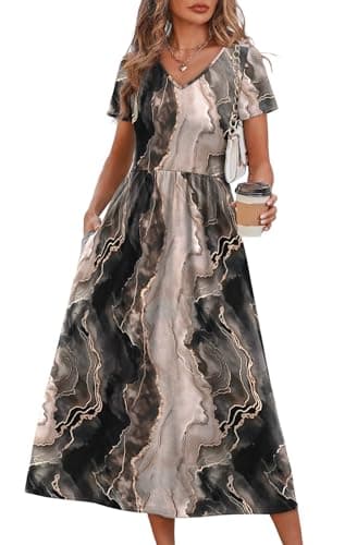 OFEEFAN Summer Dresses for Women Flowy Short Sleeve V Neck A Line Dress Spring Beach Vacation Casual Dresses Midi Maxi Dress Sundresses for Women Black Tie-Dye Print XL - Image 1