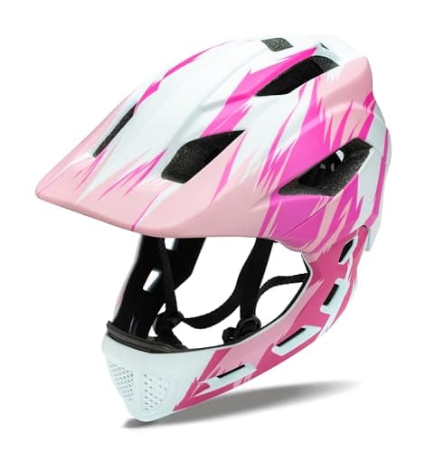 Natuway Toddler and Kids Full Face Helmet, Girl and Boy BMX Multi-Sport Detachable Mountain Dirty Bike Helmet (White and Pink) - Image 1