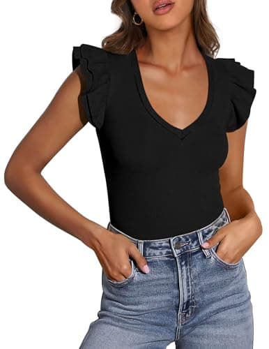 PRETTYGARDEN Womens V Neck Summer Tops Ruffle Sleeveless Slim Fit T Shirts Going Out Casual Blouses 2026 (Black,XX-Large) - Image 1