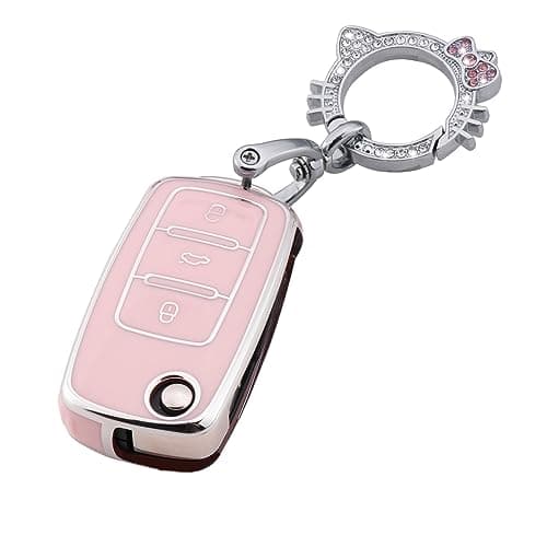 Pangpai Pink Key Fob Cover for VW Volkswagen,Soft TPU Key Case Protection with Bling Keychain Fit for Jetta Golf Polo MK6 Passat Tiguan Beetle