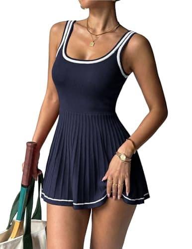 LOOKBOHO Tennis Dress for Women Athletic Striped Knitted Mini Active Casual Club Golf Dresses 2026 Trendy Navy Blue S - Image 1