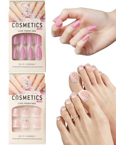 Molirex 48 Pcs Pink Press On Nails with Toenails, Short Almond Fake Nails Women Nail Tips in 12 Sizes, 2 Pack Nail Kit - Image 1