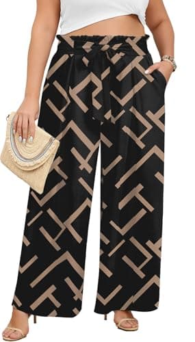 Lastshe Plus Size Pants for Women Wide Leg High Waisted Pants Casual Stretchy Summer Travel Boho Palazzo Printed Trousers, Stripe Black, 4X - Image 1