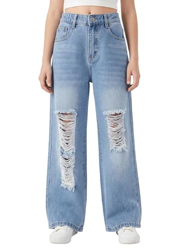 PATPAT Baggy Girls Jeans Wide Leg Denim Pants Ripped High Waist Elastic Y2K Trendy Jeans for Teens with Pockets Blue 13-14Y - Image 1