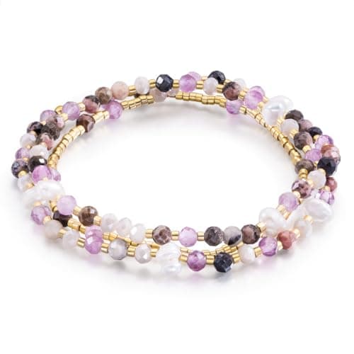 POMODA Beaded Bracelets Stack for Women Small Beaded Stretch Stone Bracelets Stackable Gemstone Crystal Dainty Boho 14K Gold Plated Beads Anklets Necklace Summer Jewelry for Women - Image 1