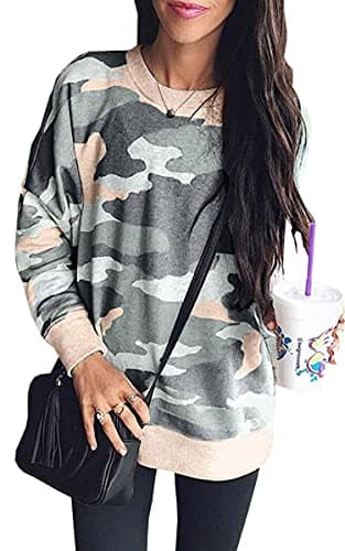 ECOWISH Women Side Split Sweatshirt: Fall Crewneck Long Sleeve Oversized Camo Shirts Casual Camouflage Print Pullover Tops 923Army Green L - Image 1