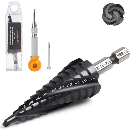MulWark M35 Cobalt Step Drill Bit Set with Center Punch, TiAlN Coated Unibit(3/16" to 7/8"), 4 Spiral Flute Hex Shank for Stainless Steel, Metal, Wood, Plastic - Image 1