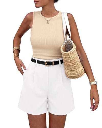 BTFBM 2 Piece Sets for Women Summer 2026 Sleeveless Matching Short Sets Tank Crew Neck Airport Travel Outfits Pockets(Apricot+White, X-Large) - Image 1