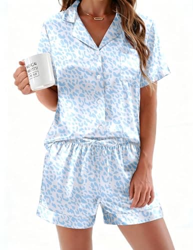 Ekouaer Womens Silk Satin Pajamas Sets 2 Piece Short Sleeve Sleepwear Button Down Top and Shorts Pjs Lounge Wear Sets,Blue Leopard,S - Image 1
