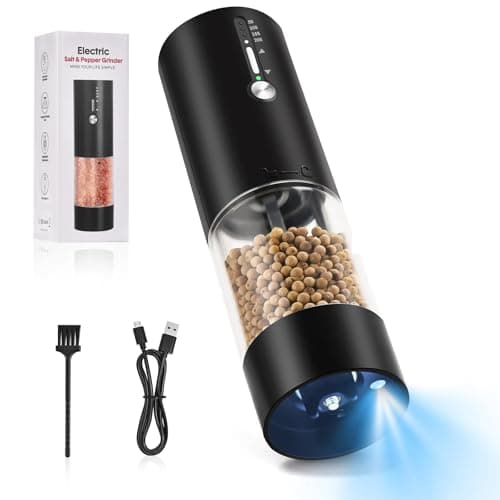 Hxro Electric Salt and Pepper Grinder, 120ml Capacity, 4 Level Timer, Salt and Pepper Mill with LED, USB Rechargeable, Adjustable Coarseness Grinder for Kitchen