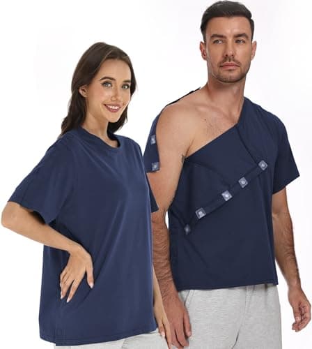 Recorah Shoulder Surgery Recovery Shirt with Magnetic Snaps - Developed with Surgical Experts, Crew Neck Top for One-Handed Dressing - Breathable 70% Cotton Post-Op Wear - Image 1