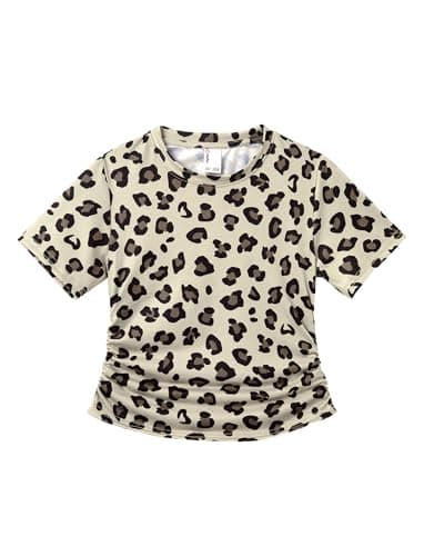 PATPAT Girls Ruched Side Tunic T-Shirt Size 11-12 Years Khaki Cute Leopard Print Short Sleeve Summer Shirts for Girls Casual Preppy Fashion Tee - Image 1