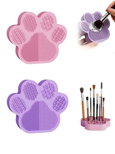 Cat Paw Makeup Brush Cleaner 2-Pack Pink & Purple 2-in-1 Clean & Store Silicone Tool 6 Zones for Makeup Enthusiasts Bathroom Shower Travel 113mm(4.45in)×97mm(3.82in)