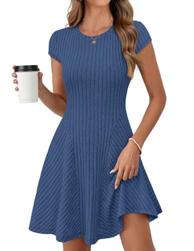 MEROKEETY Women's Spring Ribbed Mini Sweater Dress 2026 Summer Casual Crewneck Cap Sleeve Knit A Line Short Dresses, Dustyblue, Large - Image 1